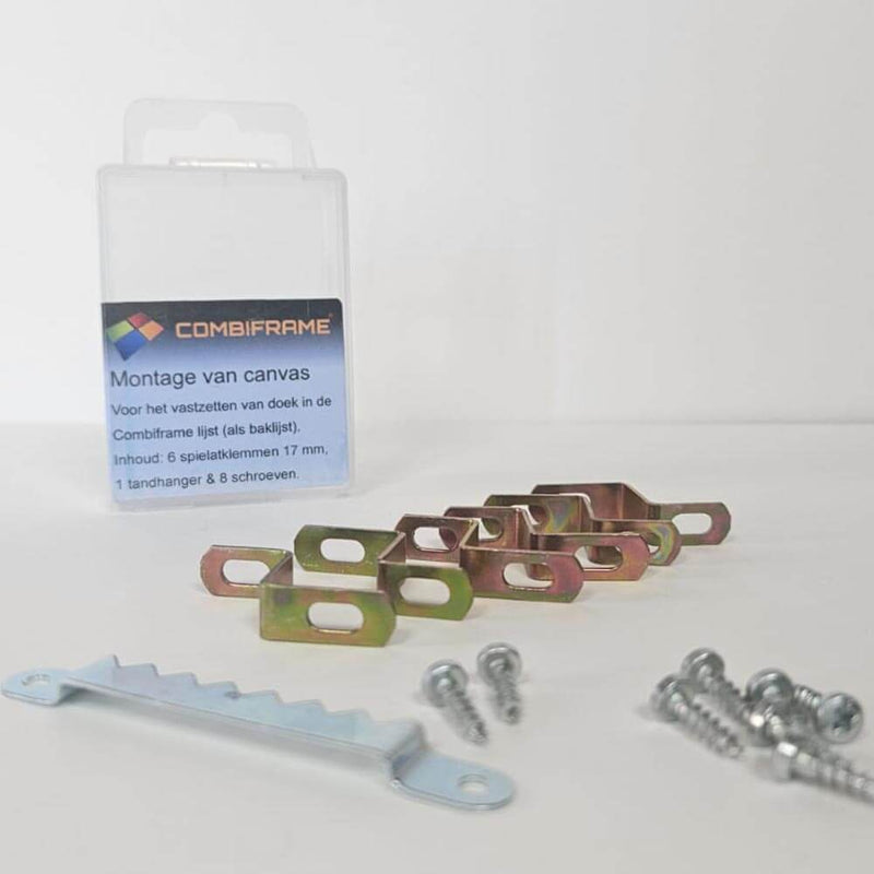 Spielatklemmen 17 mm Set: 6 klemmen, 1 tandhanger en 8 schroeven. Spieraam montage