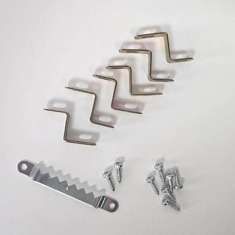 Spielatklemmen 17 mm Set: 6 klemmen, 1 tandhanger en 8 schroeven. Spieraam montage