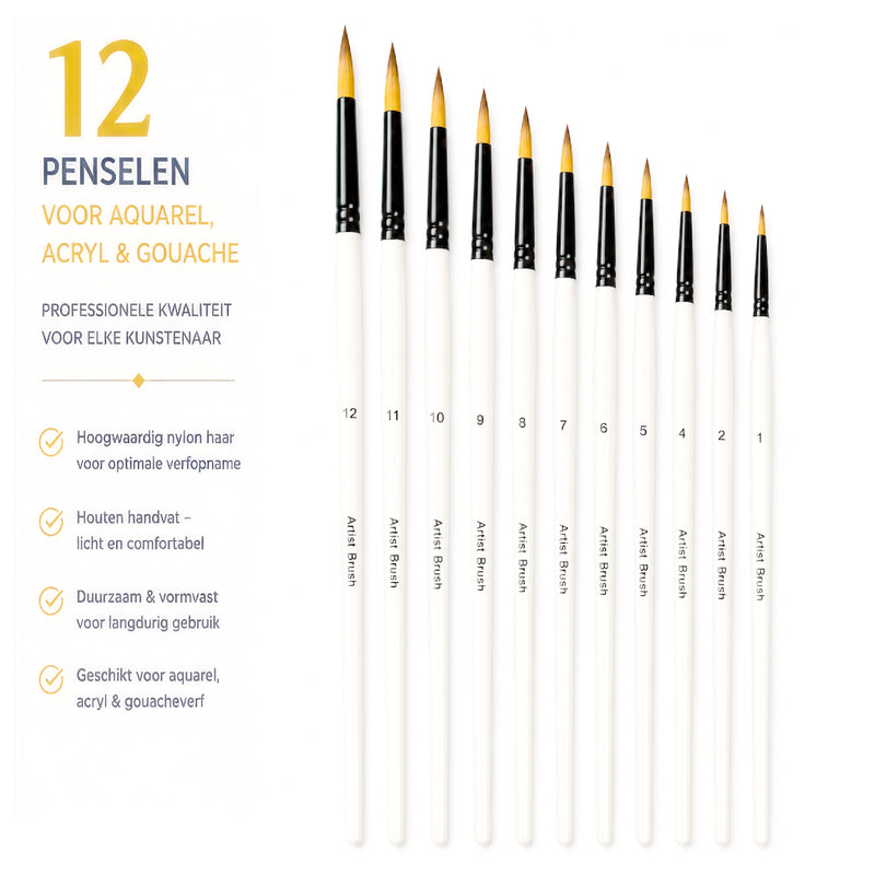 Arcana Art aquarelpenselen – set van 12 (maten 1 t/m 12)