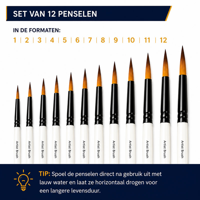 Arcana Art aquarelpenselen – set van 12 (maten 1 t/m 12)