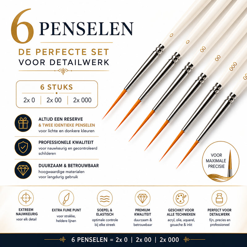 Arcana Art sleperpenselen – set van 6 (maten 0, 00 en 000)